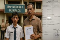 Gambar Ilustrasi dan laporan Polisi terkait dugaan bullying di smp 3 Duhiadaa-pohuwato( Foto: AI Laporan Polisi)
